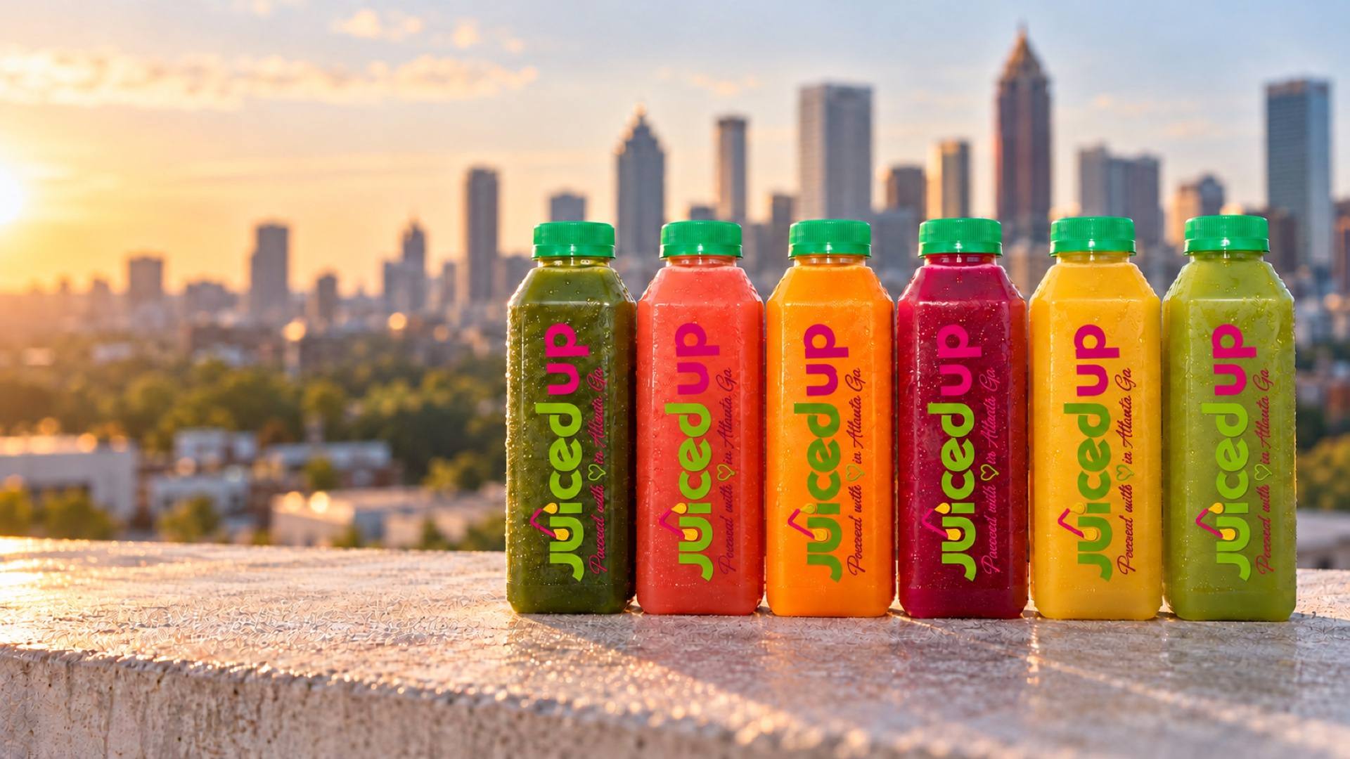 Cold-pressed juice bottles with the Atlanta skyline